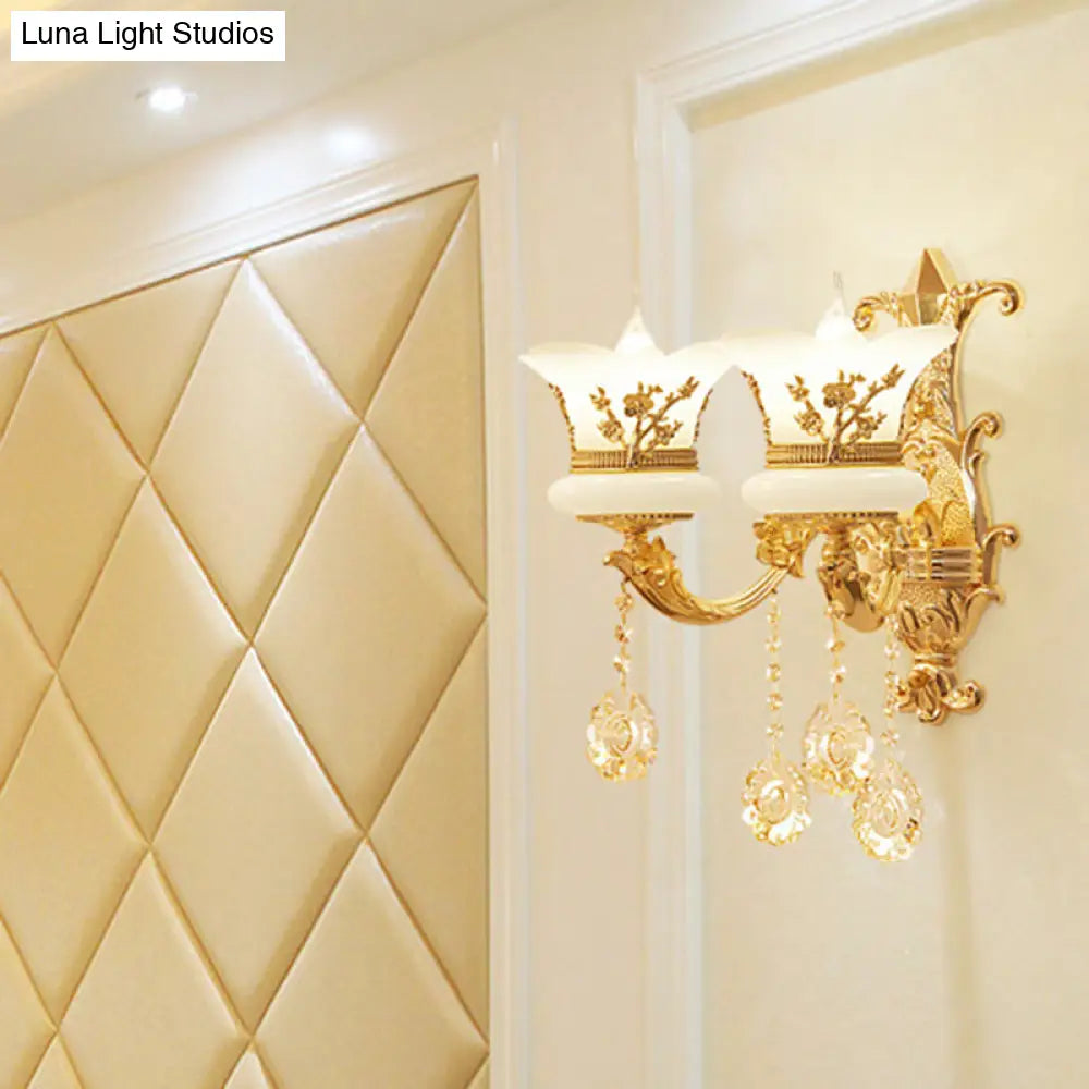 Traditional Wall Light Fixture with Imitation Jade Gold Design and Crystal Draping