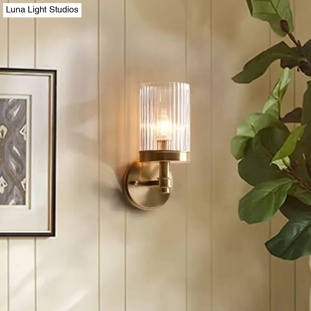 Traditional Wall-mounted Cylinder Lamp with Transparent Glass Sconce in Brown/Gold, Perfect for Bedside Lighting
