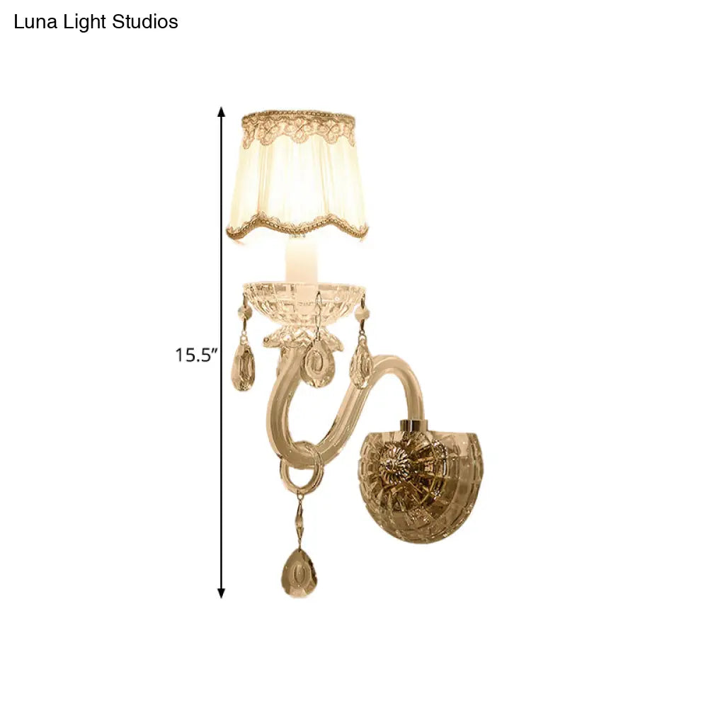 Traditional White Candle Wall Lamp with Clear Crystal Accent and Scalloped Fabric Shade