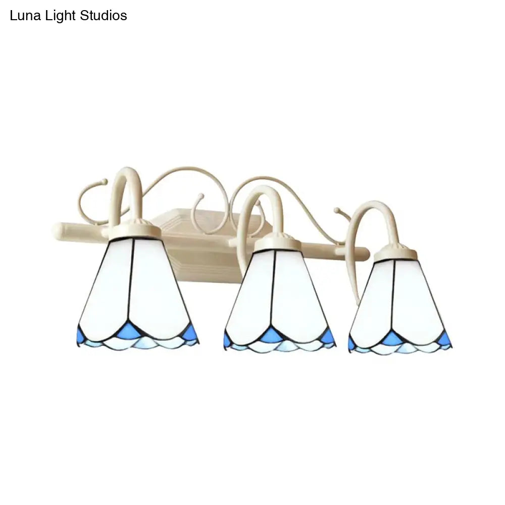 Traditional White Glass Bathroom Wall Sconce Lamp with Curved Arm - 3 Lights