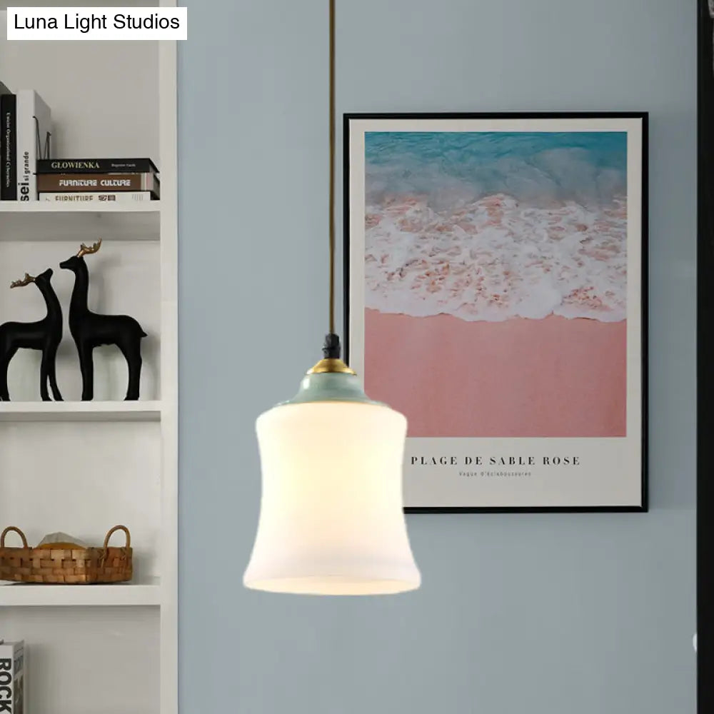Traditional White Glass Pendant Lamp with Ceramic Top for Restaurants - Tulip/Bell Style