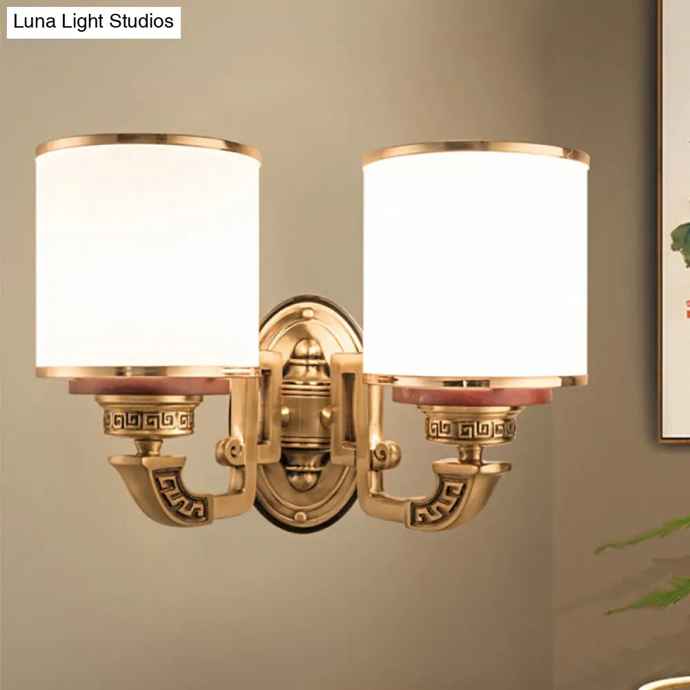 Traditional White Glass Wall Mount Sconce Lamp with Brass Finish