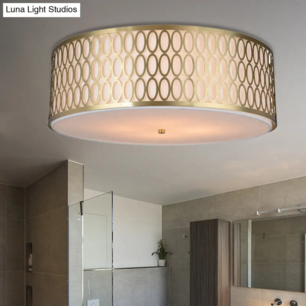Traditional White Round Ceiling Mounted Lamp with Gold Metal Mesh Frame - 4-Light Fabric Flush Light, Sizes 16", 19.5", 23.5" Dia