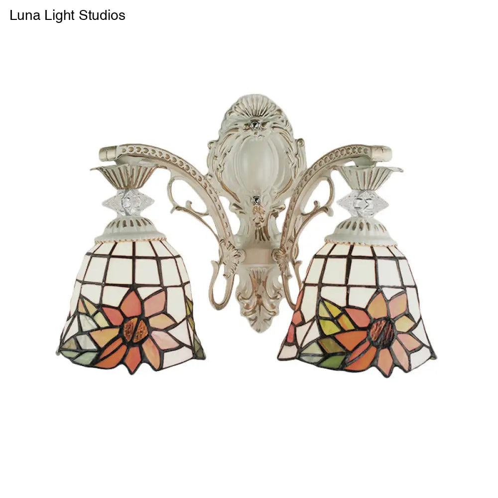 Traditional White Tiffany Wall Sconce - Bell Living Room Lamp with Sunflower Stained Glass, 2 Bulbs and Arc/Curved Arm