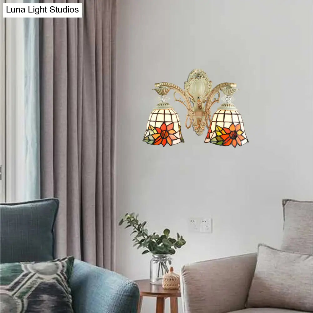 Traditional White Tiffany Wall Sconce - Bell Living Room Lamp with Sunflower Stained Glass, 2 Bulbs and Arc/Curved Arm