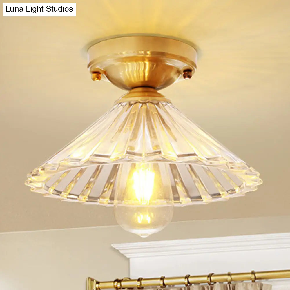 Traditionary Ribbed Glass Semi Flush Ceiling Light Fixture in Brass - Ideal for Bedroom