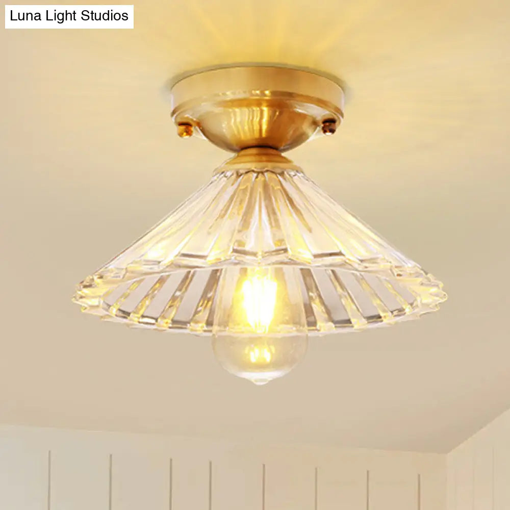 Traditionary Ribbed Glass Semi Flush Ceiling Light Fixture in Brass - Ideal for Bedroom
