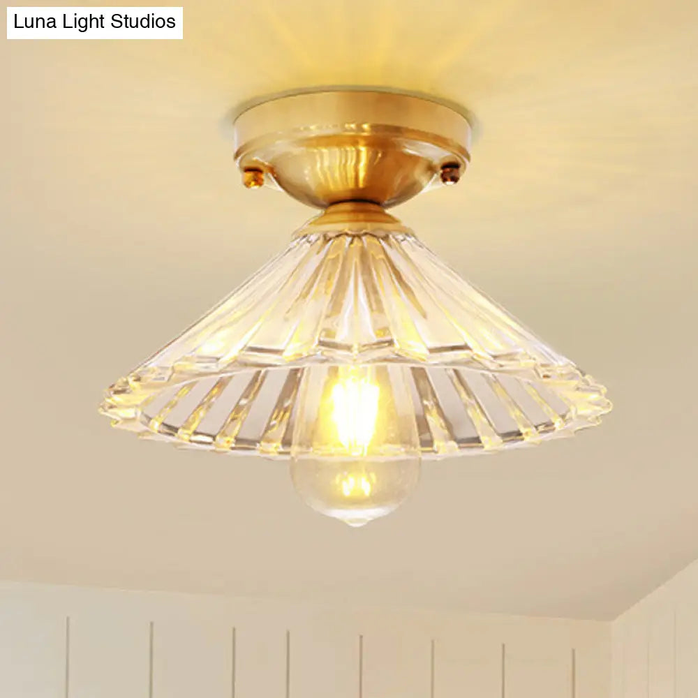Traditionary Ribbed Glass Semi Flush Ceiling Light Fixture in Brass - Ideal for Bedroom