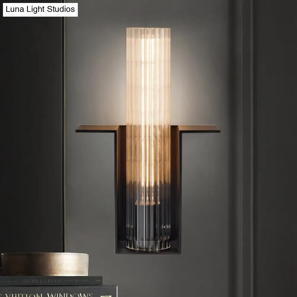 Translucent Glass Wall Light Kit: Vintage Black Tube Bedroom Sconce Fixture with Slot Arm