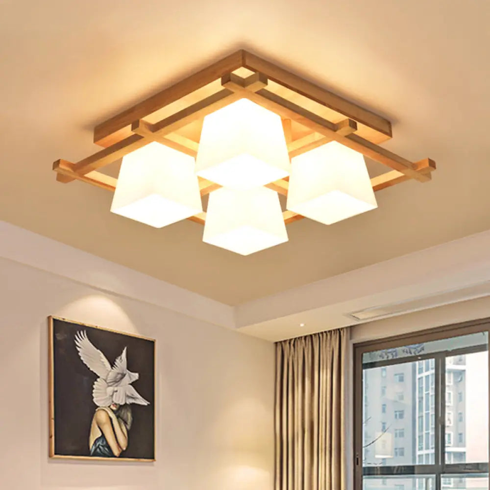 Trapezoid Glass Flush Light: Japanese 4/6-Bulb Ceiling Fixture with Wood Grid Frame