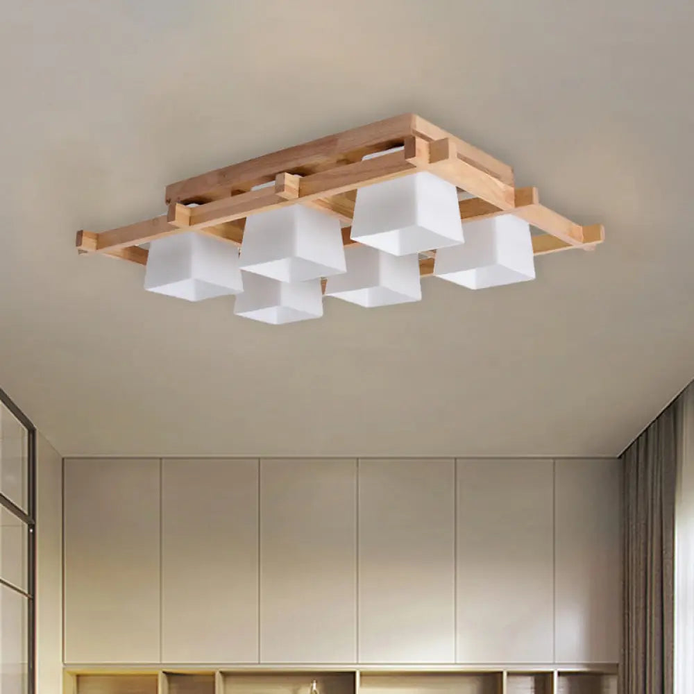 Trapezoid Glass Flush Light: Japanese 4/6-Bulb Ceiling Fixture with Wood Grid Frame