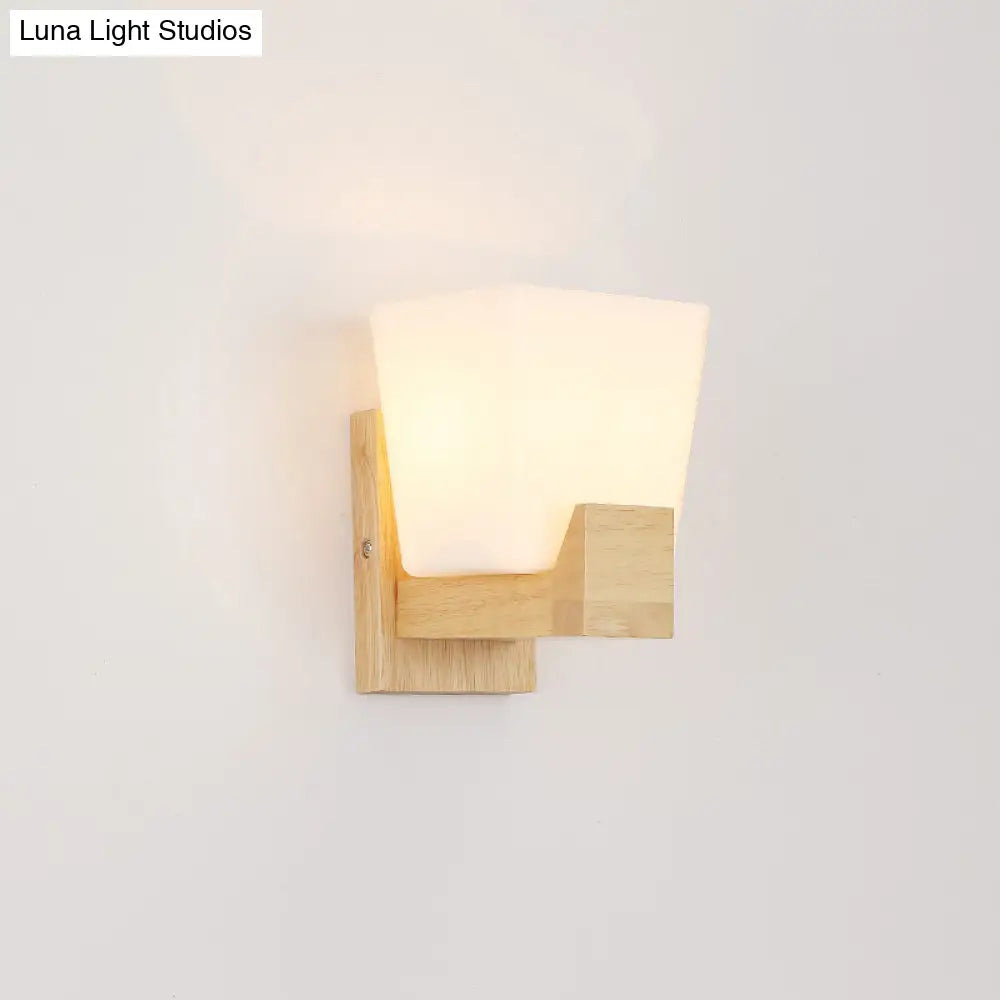 Trapezoid Glass Wall Sconce Light with Wood Backplate - White Bedside Mount