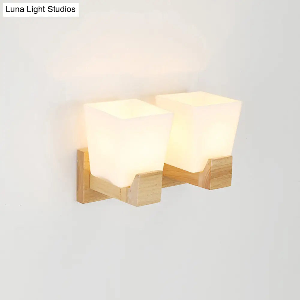 Trapezoid Glass Wall Sconce Light with Wood Backplate - White Bedside Mount