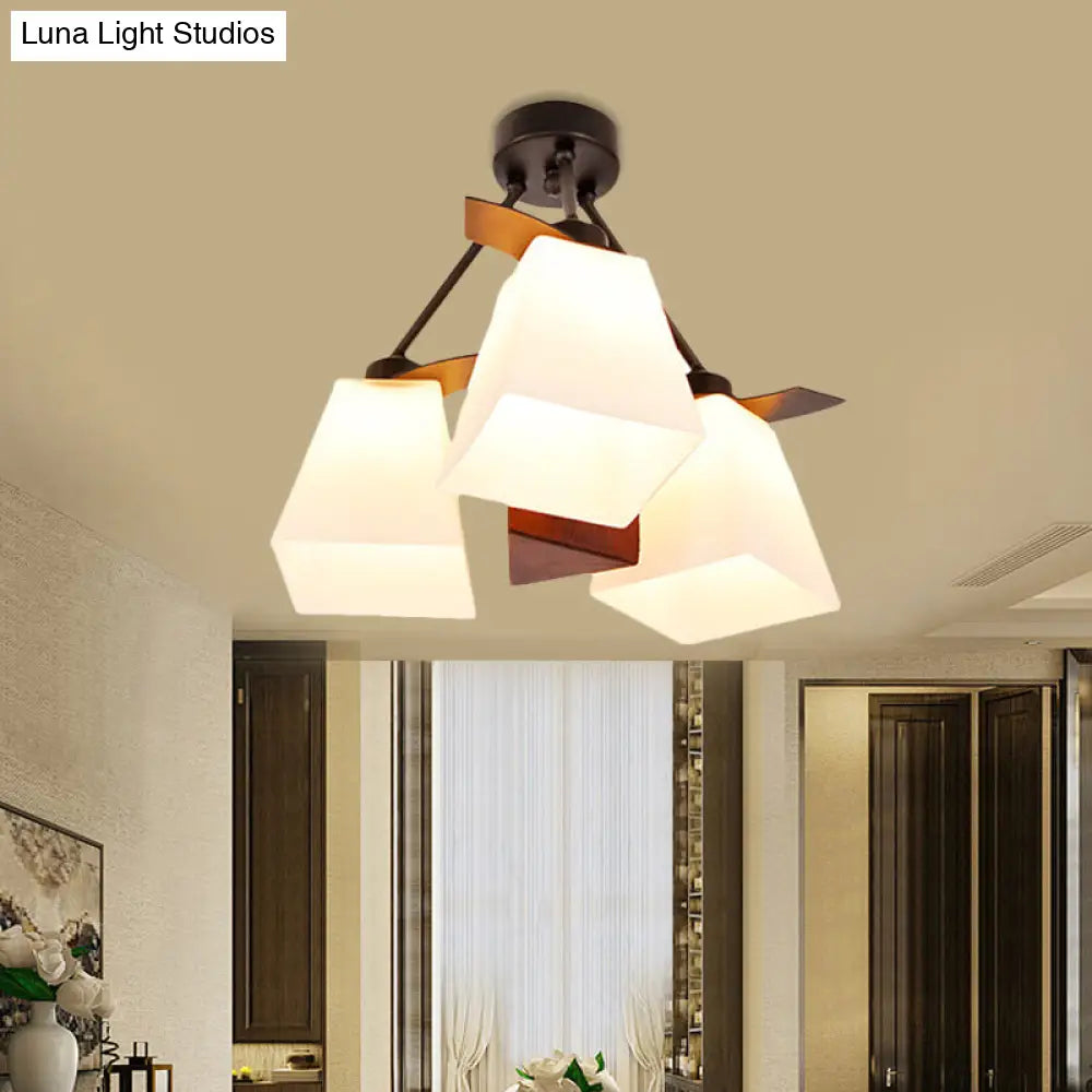 Trapezoid Semi Flush Ceiling Lamp with White Glass and Wood Cylinder Shade - 3/5 Lights
