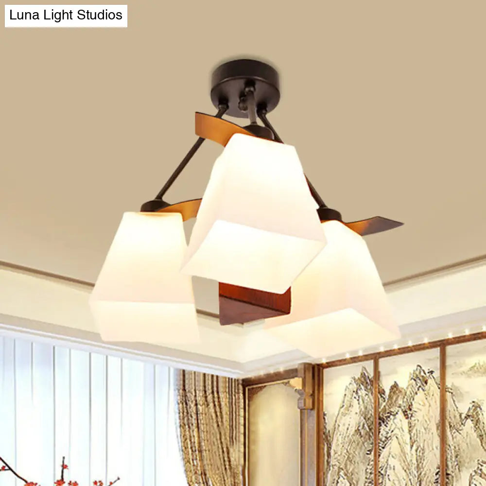 Trapezoid Semi Flush Ceiling Lamp with White Glass and Wood Cylinder Shade - 3/5 Lights