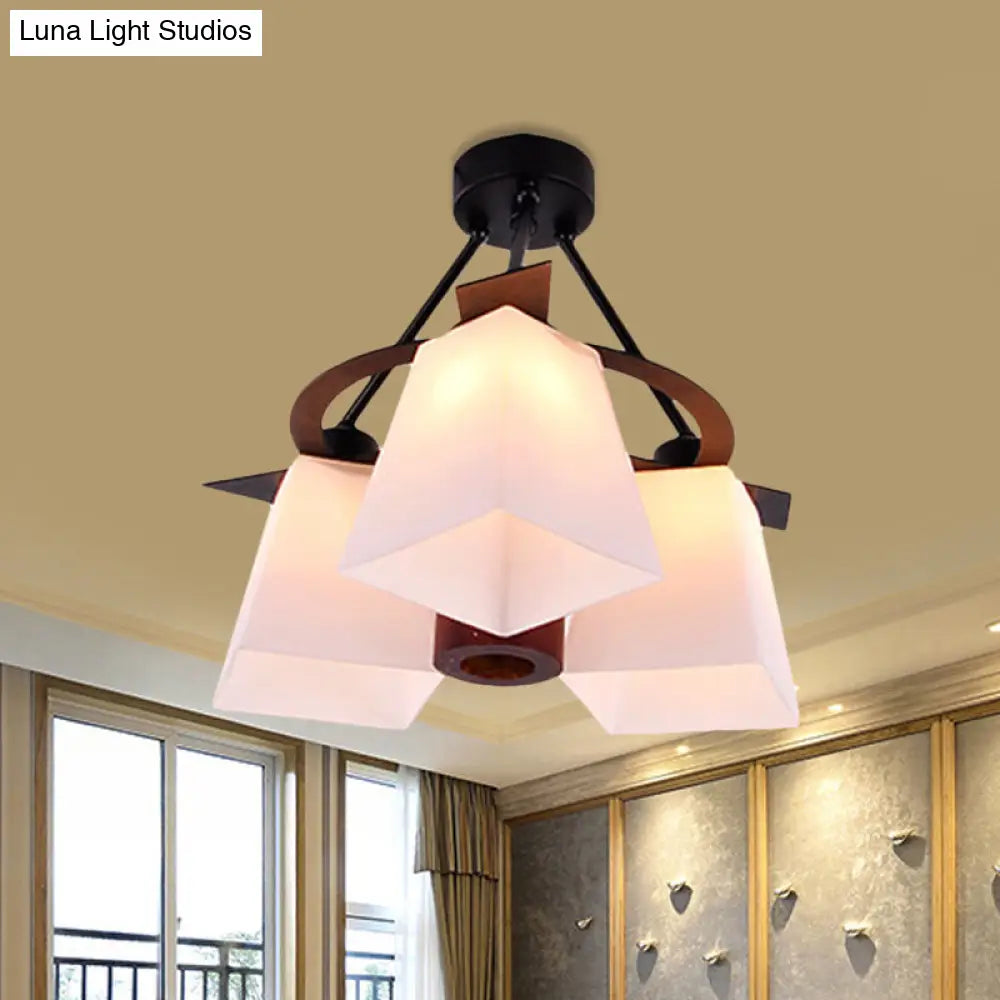 Trapezoid Semi Flush Ceiling Lamp with White Glass and Wood Cylinder Shade - 3/5 Lights