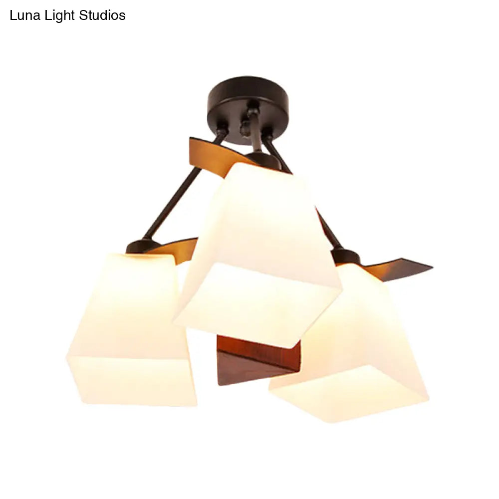 Trapezoid Semi Flush Ceiling Lamp with White Glass and Wood Cylinder Shade - 3/5 Lights