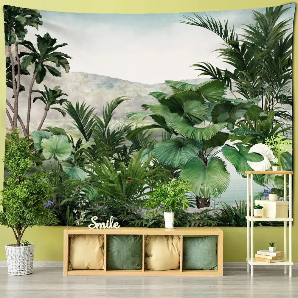 Tropical ethorn palm plant tapestry wall hanging with vibrant green foliage and distant hills for living room decorbites ethorn palm decor