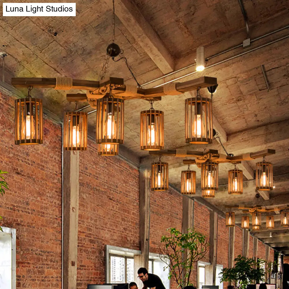 Tseen Kee - Vintage Wood Brown Chandelier - Cylinder Pendant Light (3/6-Light)