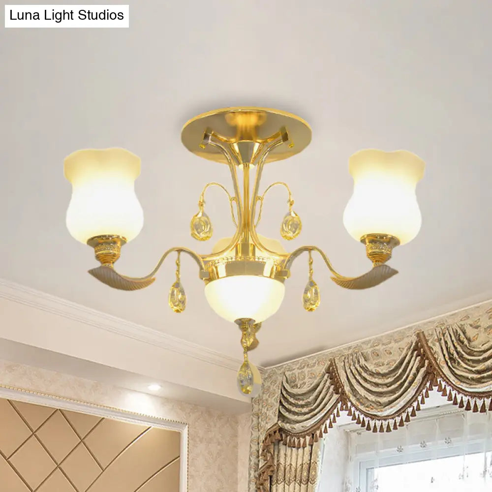 Tulip Flower Semi Flush Gold Ceiling Light for Modern Bedrooms - 3-Light Milk Glass