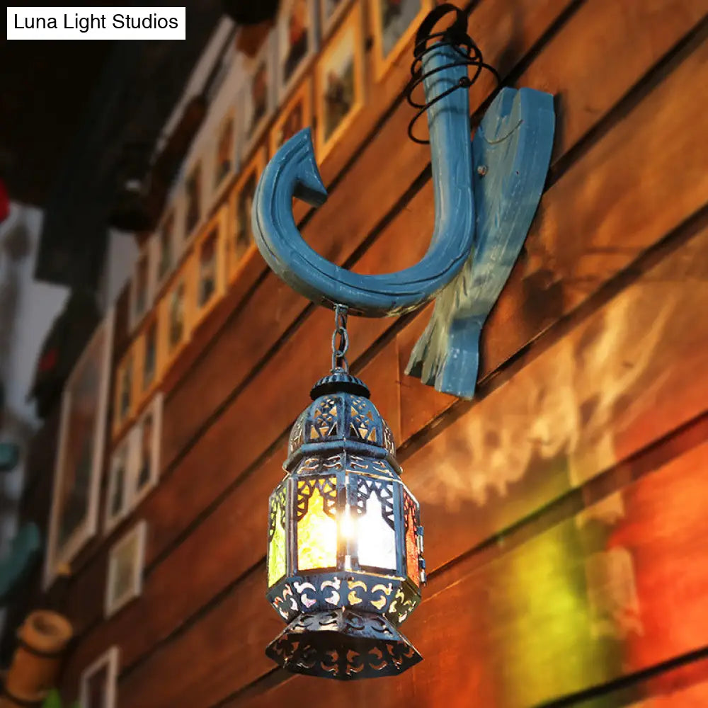 Turkish Blue Wooden Wall Mount Censer Light with Fish Backplate