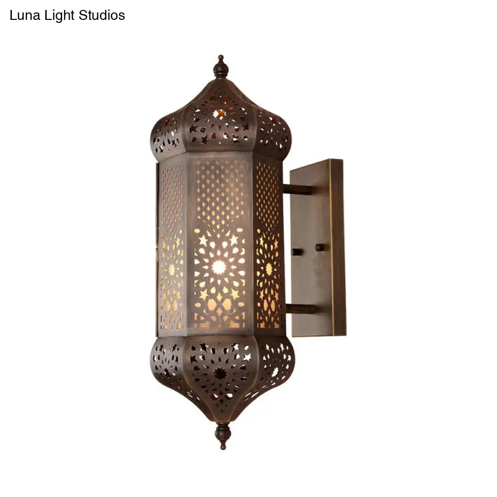 Turkish Iron Hollow-out Wall Light with Antiqued Brass Finish - 1 Bulb Living Room Lantern Sconce