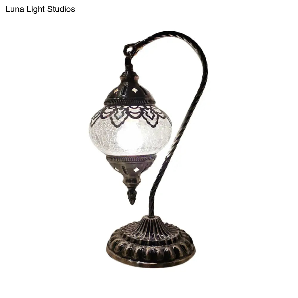 Turkish Night Lamp: Crackle Glass Bronze Desk Light with Curving Arm - 15"/18"/21" High