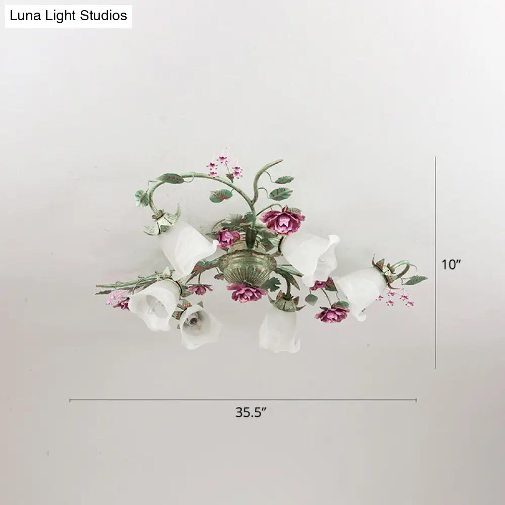 Turquoise Finish Country Flower Opaline Glass Ceiling Light - Semi Flush Mount