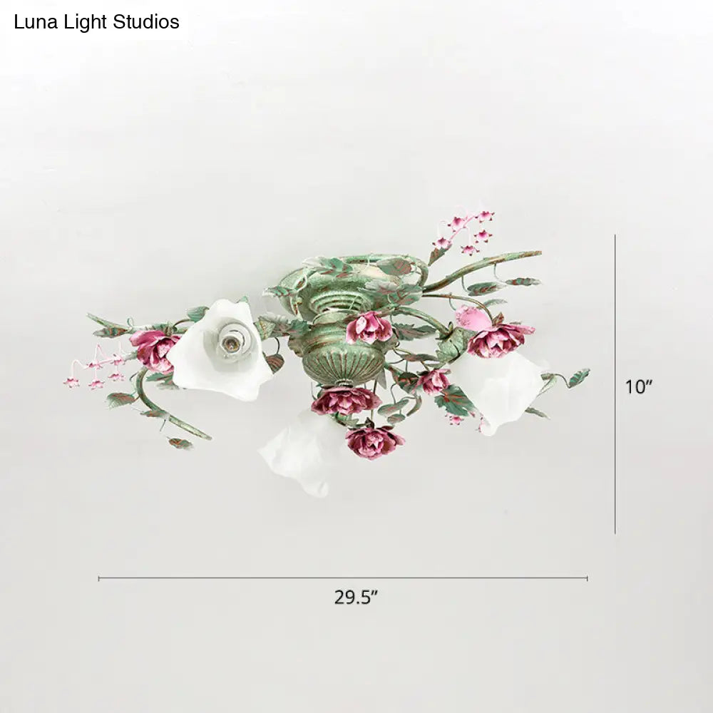 Turquoise Finish Country Flower Opaline Glass Ceiling Light - Semi Flush Mount