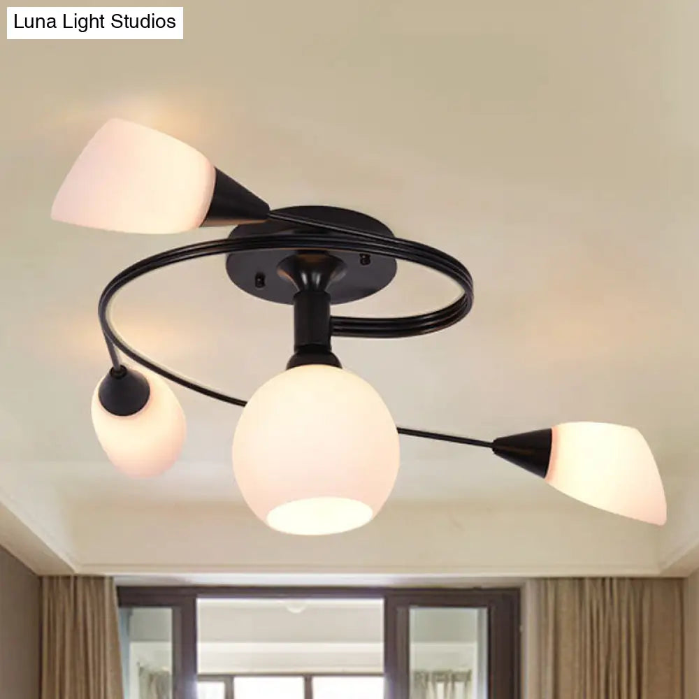 Twisted Living Room Semi Mount Lighting - Traditional Frosted Glass Ceiling Light with 4/6 Lights in Black or White