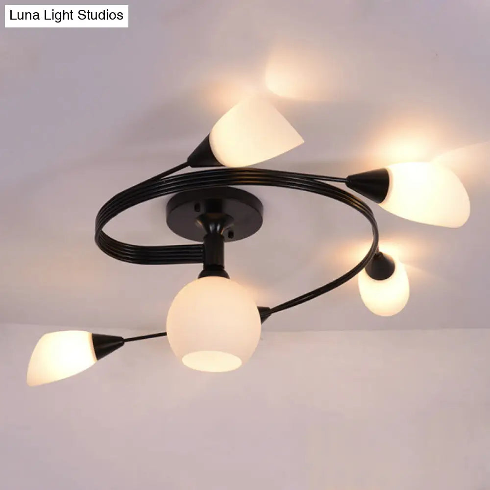 Twisted Living Room Semi Mount Lighting - Traditional Frosted Glass Ceiling Light with 4/6 Lights in Black or White