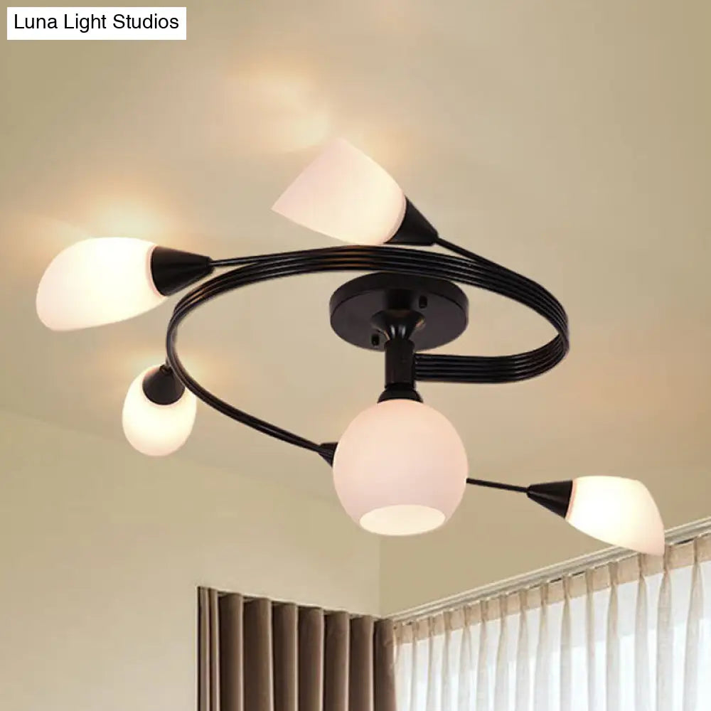 Twisted Living Room Semi Mount Lighting - Traditional Frosted Glass Ceiling Light with 4/6 Lights in Black or White