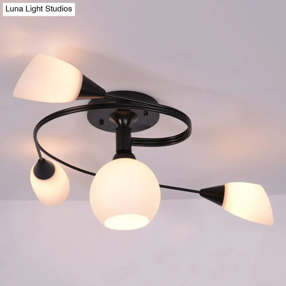 Twisted Living Room Semi Mount Lighting - Traditional Frosted Glass Ceiling Light with 4/6 Lights in Black or White