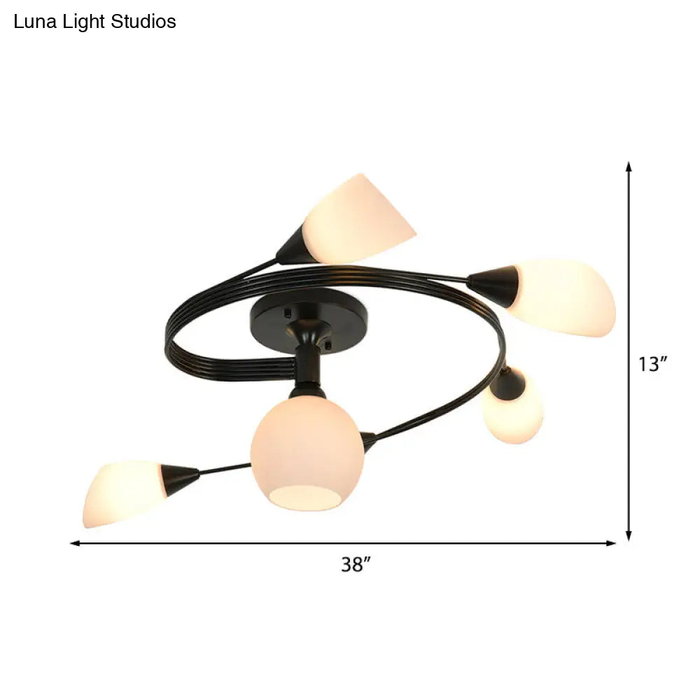 Twisted Living Room Semi Mount Lighting - Traditional Frosted Glass Ceiling Light with 4/6 Lights in Black or White