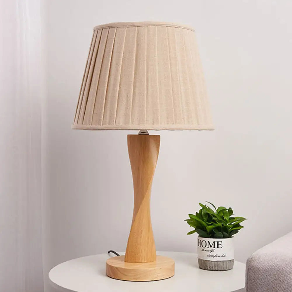 Twisted Wood Night Lamp with Conic Fabric Shade - Cozy Lighting for Living Room Table