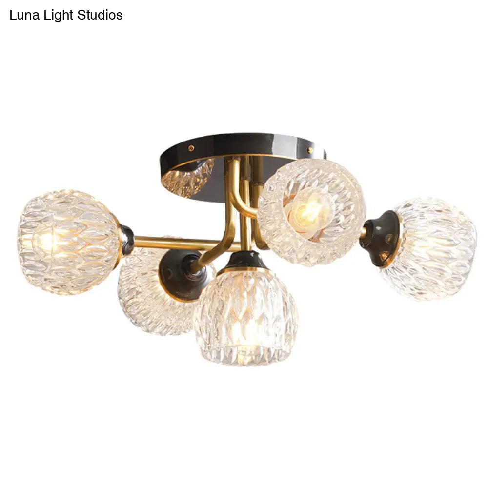 Ultra-Contemporary 5-Light Bowl Semi Flush Chandelier - Ribbed Glass Ceiling Light for Bedroom