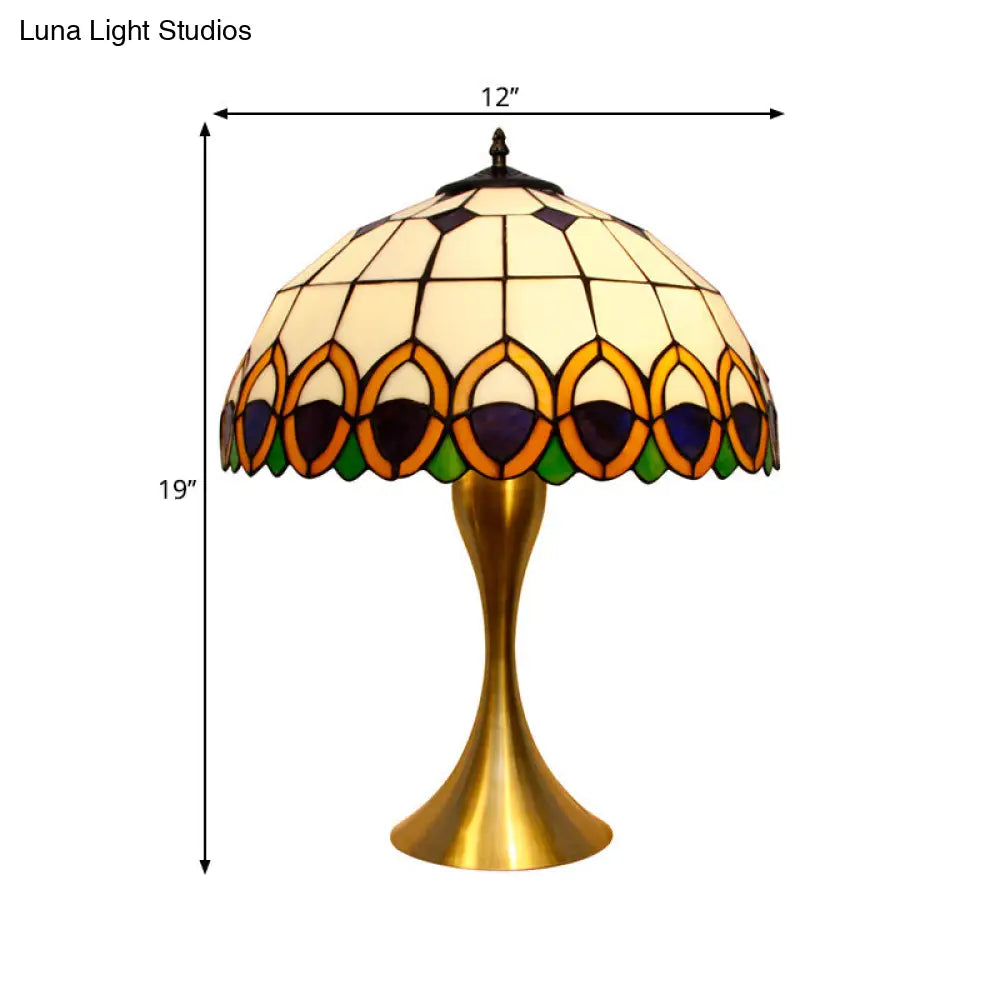 Valeria - Brass 1-Light Nightstand Lighting Traditional Bowl Stained Art Glass Desk Lamp with Peacock Feather Pattern in Brass