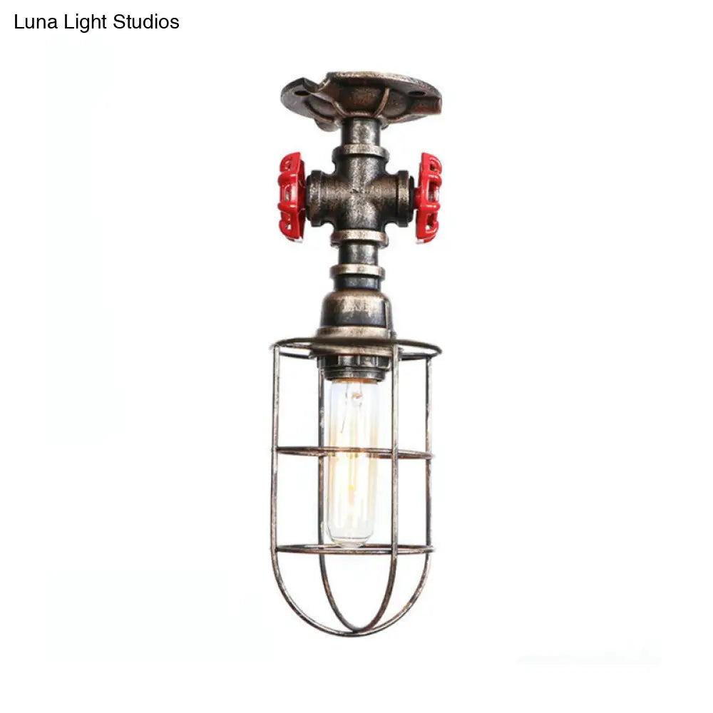 Valve Nautical Style Cage Metal Semi Flush Light - 1 Light Living Room Ceiling Fixture in Black/Bronze