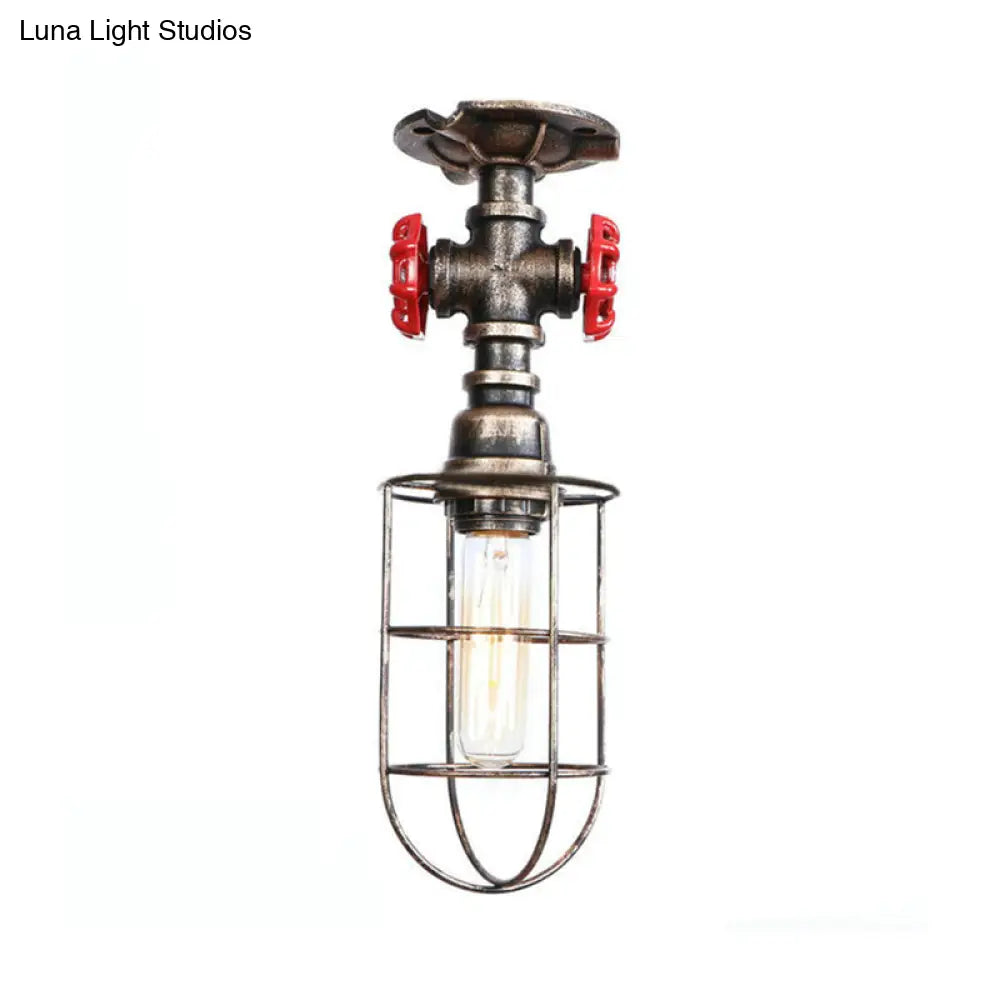 Valve Nautical Style Cage Metal Semi Flush Light - 1 Light Living Room Ceiling Fixture in Black/Bronze