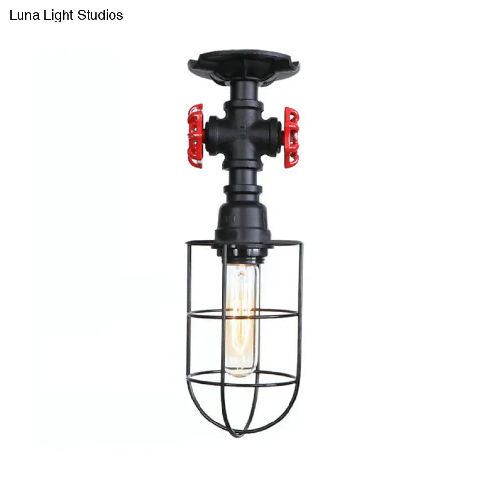 Valve Nautical Style Cage Metal Semi Flush Light - 1 Light Living Room Ceiling Fixture in Black/Bronze