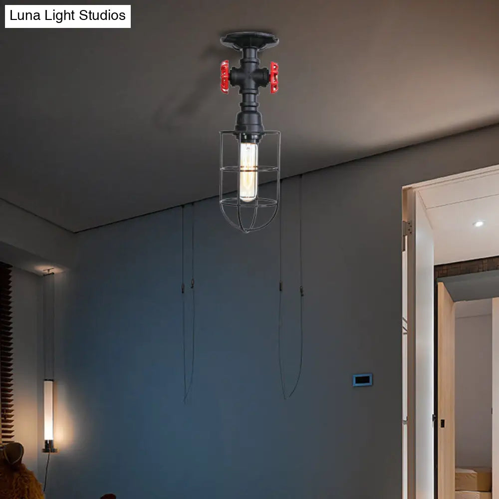 Valve Nautical Style Cage Metal Semi Flush Light - 1 Light Living Room Ceiling Fixture in Black/Bronze