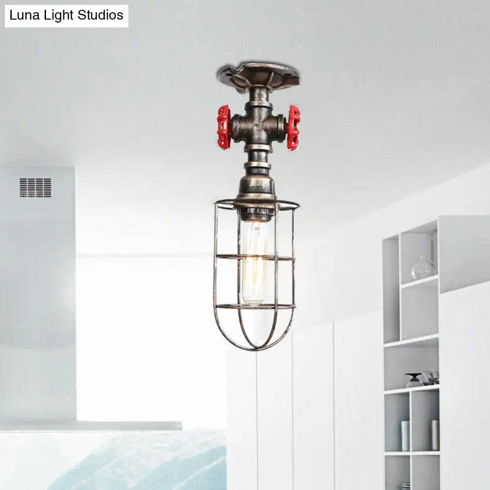 Valve Nautical Style Cage Metal Semi Flush Light - 1 Light Living Room Ceiling Fixture in Black/Bronze