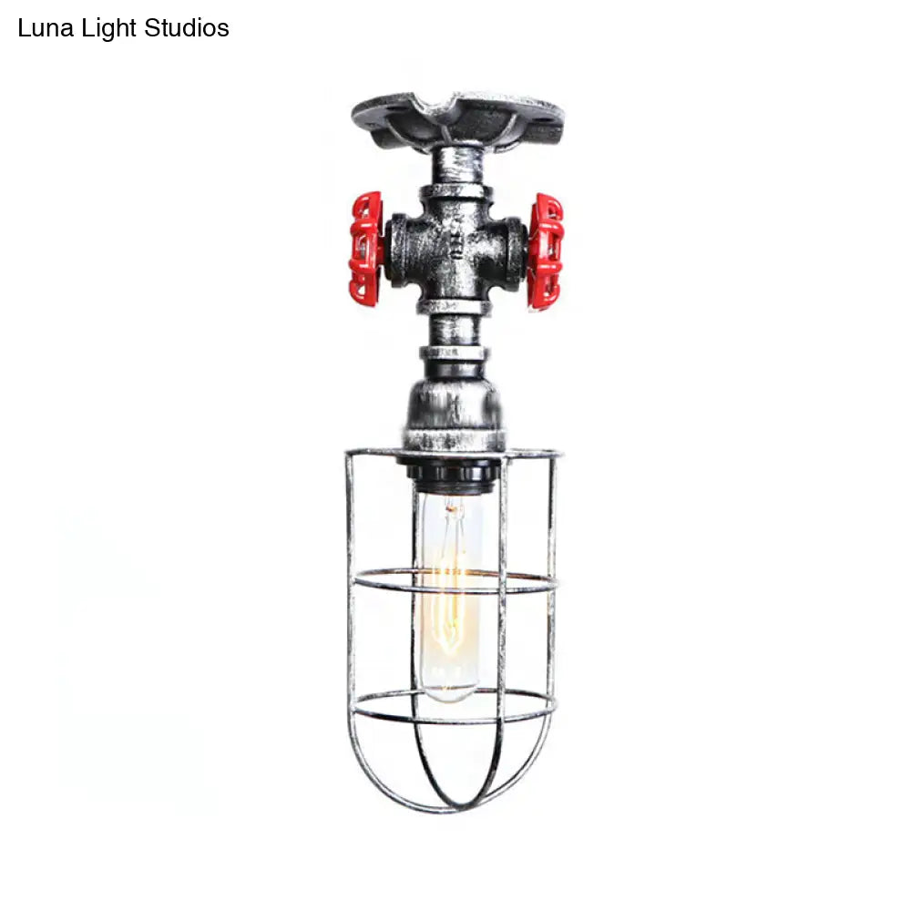 Valve Nautical Style Cage Metal Semi Flush Light - 1 Light Living Room Ceiling Fixture in Black/Bronze