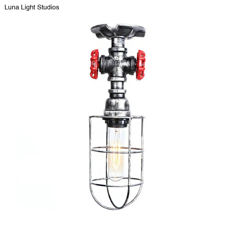 Valve Nautical Style Cage Metal Semi Flush Light - 1 Light Living Room Ceiling Fixture in Black/Bronze
