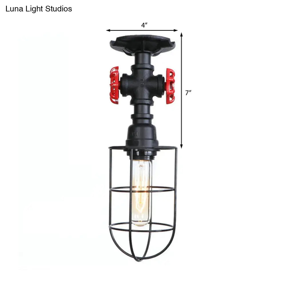 Valve Nautical Style Cage Metal Semi Flush Light - 1 Light Living Room Ceiling Fixture in Black/Bronze