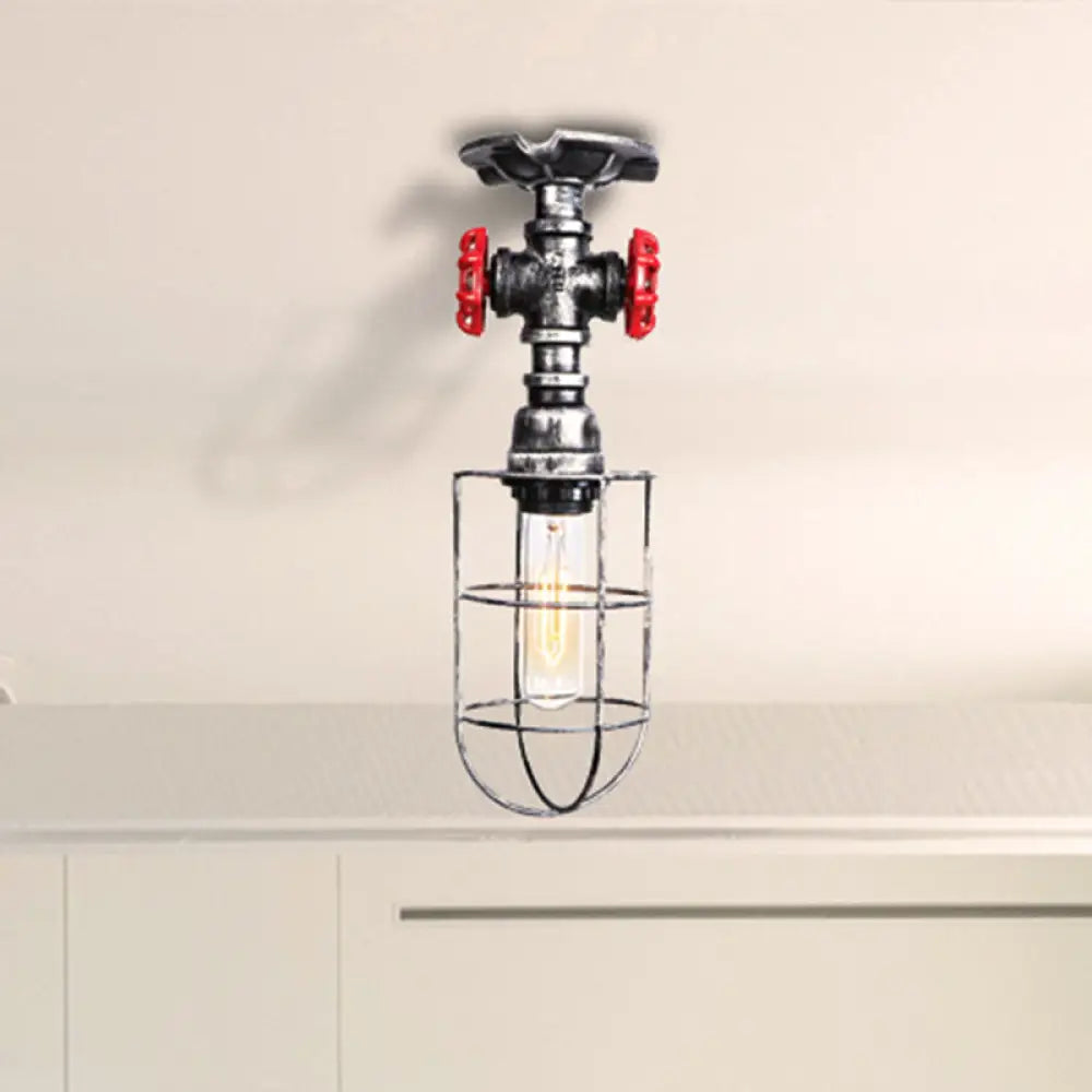 Valve Nautical Style Cage Metal Semi Flush Light - 1 Light Living Room Ceiling Fixture in Black/Bronze