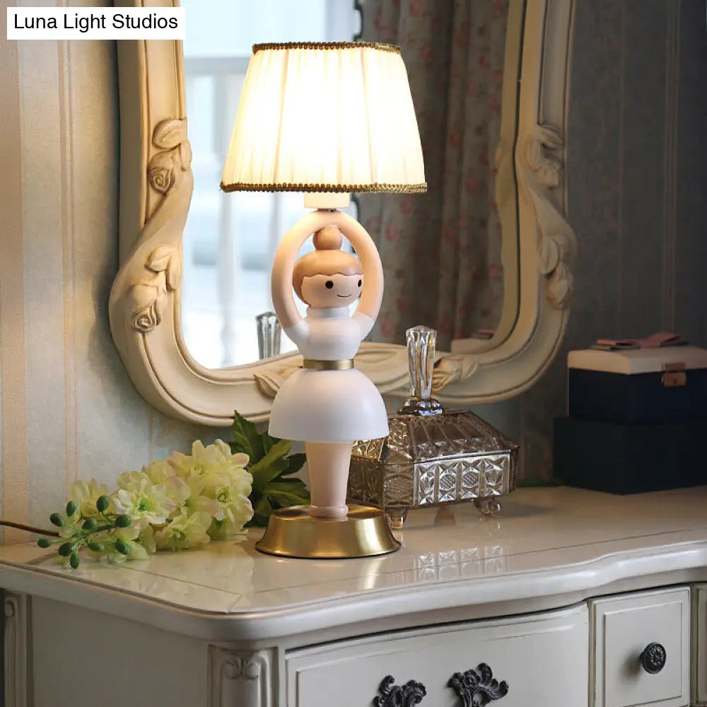 Vera - White White Cartoon Girl Light Base Table Lamp Kids 1 Head Resin Nightstand Lamp with Fabric Shade