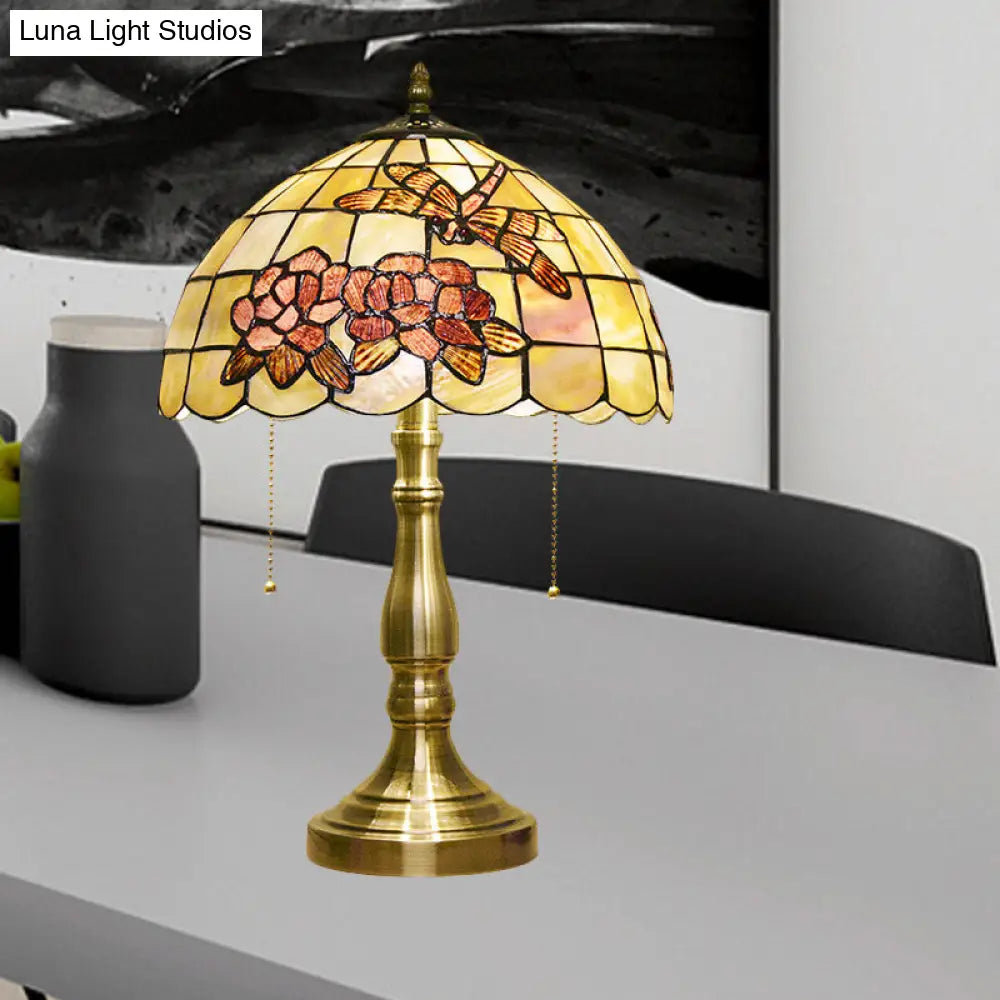 Victoire - Brushed Brass Tiffany Shell Dragonfly on Peony Table Lamp