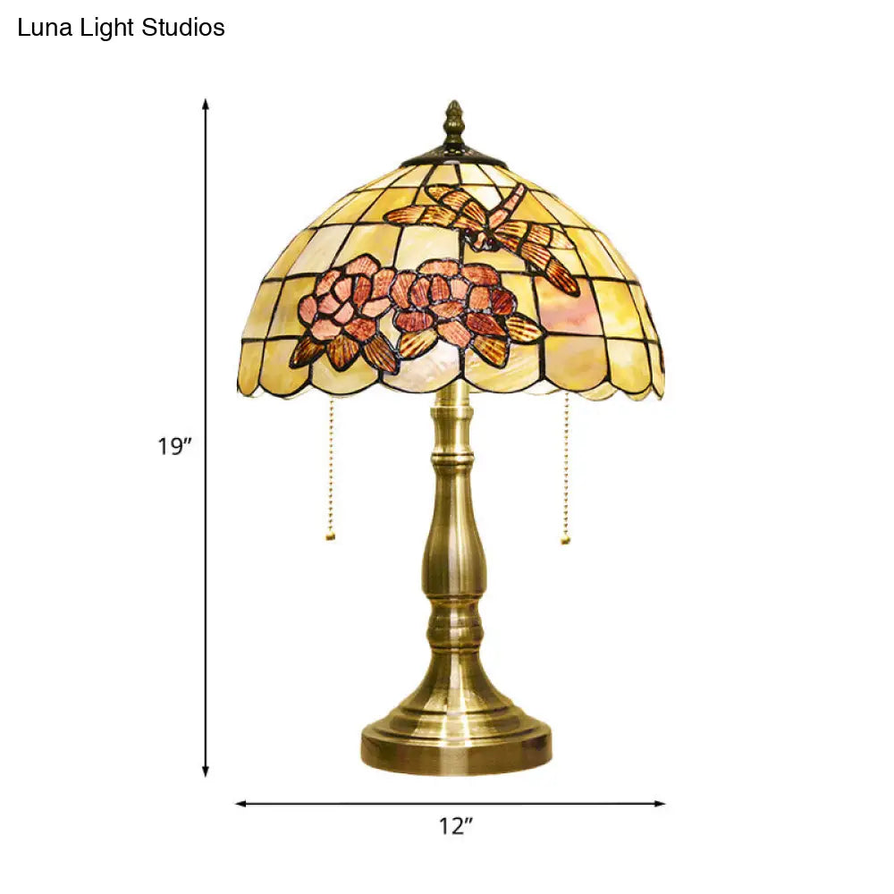 Victoire - Brushed Brass Tiffany Shell Dragonfly on Peony Table Lamp