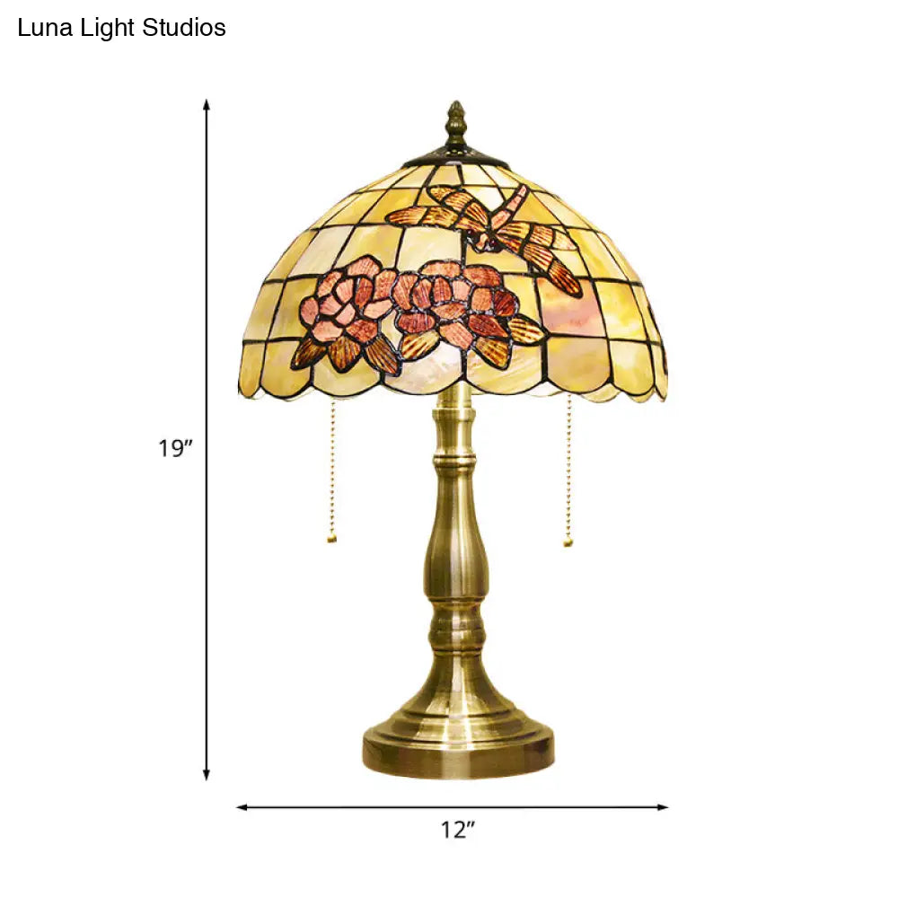 Victoire - Brushed Brass Tiffany Shell Dragonfly on Peony Table Lamp